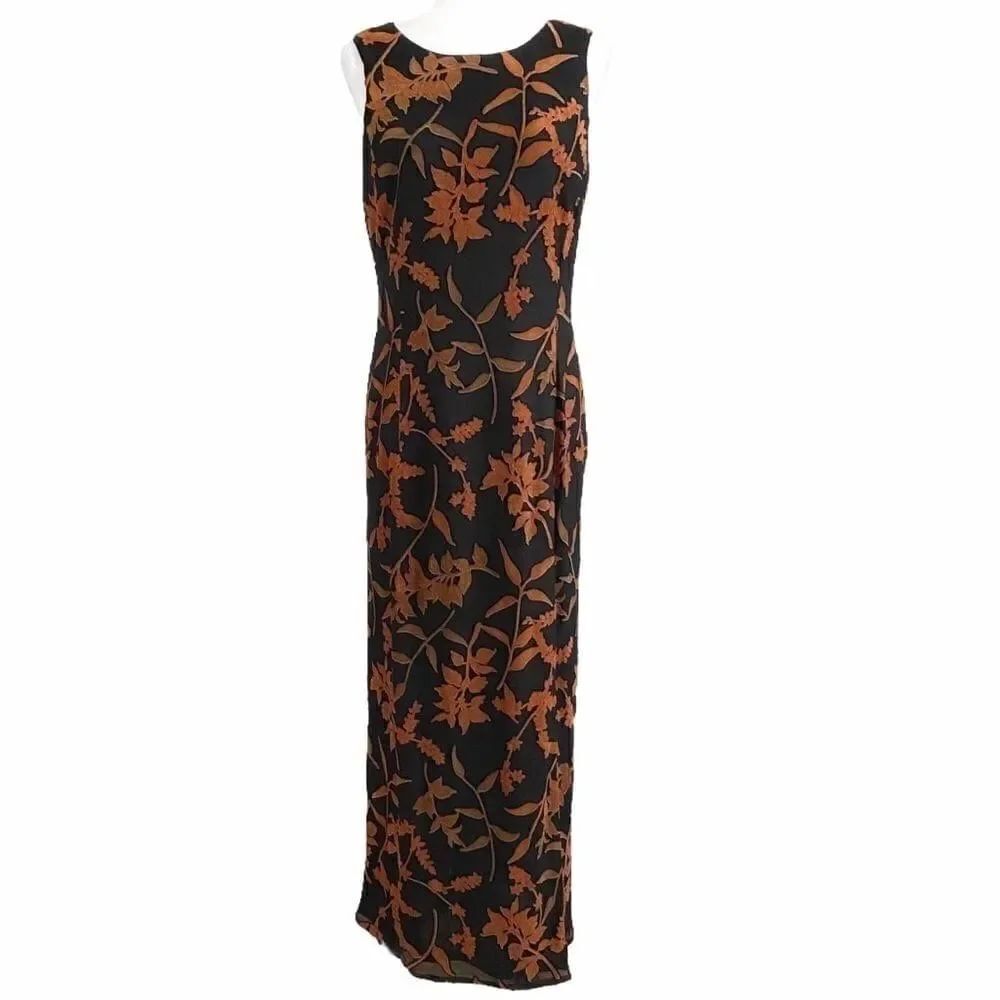 Michael Kaye Couture Evening Dress W/ Burnt Orange Botanical Maxi - Size 10